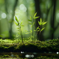 Fototapeta premium Serene Tropical Forest - Bamboo and Greenery Close-Up in Soft Natural Light
