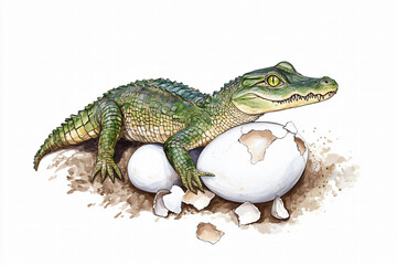 Obraz premium A baby alligator lays on top of an egg. The baby alligator is small and green