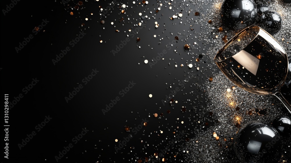 Poster a black and platinum party arrangement featuring elegant props and scattered sparkles, with intentio