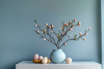 A minimalistic Easter arrangement with a blue ceramic vase holding delicate blooming branches and pastel eggs on a white surface.