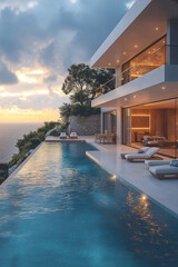 Photographie immobilière d’une terrasse de maison de vacances moderne luxueuse avec piscine à débordement et vue sur la mer. rendu 3D, HDR, idées déco et aménagement tendance.