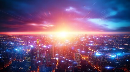 Cityscape sunrise vibrant futuristic view