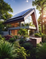 Fototapeta premium Modern A-Frame Eco-House in Lush Garden