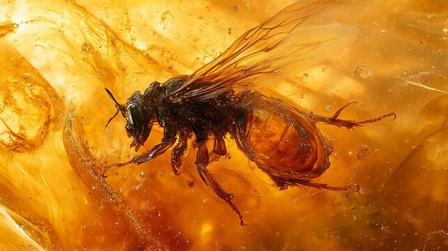 Bee Fossil Trapped in Amber Close-up