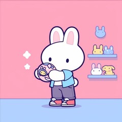 Cute Rabbit Holding a Donut, Shop Background