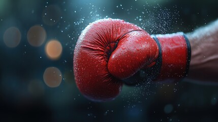 A person with a red boxing glove throws water in an energetic pose.