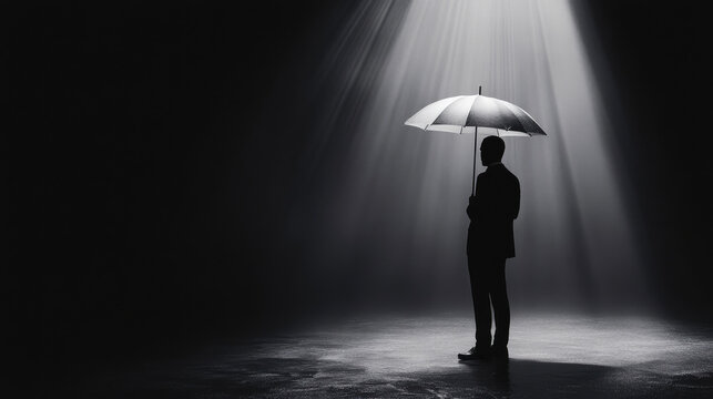A silhouette of a lone figure holding an umbrella, slightly turned away, captured from the waist up
