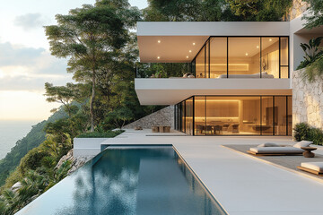 Photographie immobilière d’une terrasse de maison de vacances moderne luxueuse avec piscine à débordement et vue sur la mer. rendu 3D, HDR, idées déco et aménagement tendance.