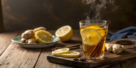 Warm lemon ginger tea in rustic setting, ideal for detox themes and immune system boost, with copy space