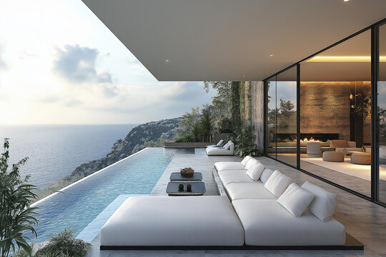Photographie immobilière d’une terrasse de maison de vacances moderne luxueuse avec piscine à débordement et vue sur la mer. rendu 3D, HDR, idées déco et aménagement tendance. - Powered by Adobe