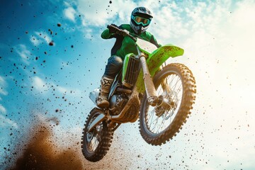 A man performs a dirt bike jump against a clear blue sky on a sunny day.