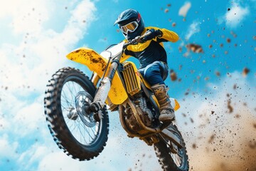 A motorcyclist performs a mid-air stunt on a dirt bike in an open field.