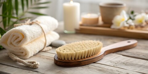 Dry brushing tool in minimalist style, symbolizing body detox and natural skincare, with copy space
