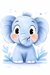 Fototapeta premium Cute blue elephant sits on a leafy floor, looking at the viewer with big eyes