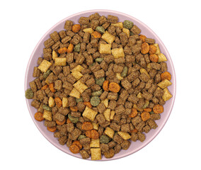 Pile dry colorful cat food in bowl isolated on white background, top view	