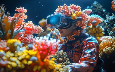 Child exploring virtual coral reef with VR headset.