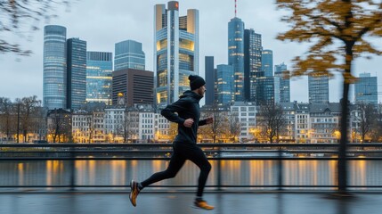 Fototapeta premium A man runs through an urban landscape with a city skyline in the background.