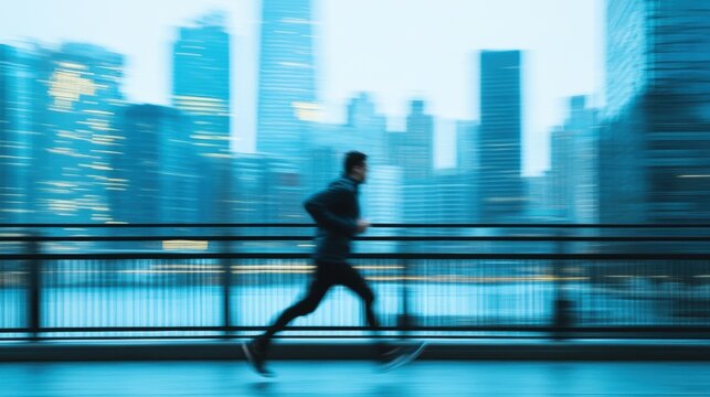Blurry photo of a man sprinting on a bridge with a city skyline behind him. - Powered by Adobe