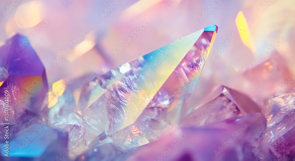 Poster sparkling bright colorful aura quartz crystal cluster macro close up showing rainbow prismatic light