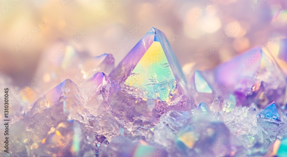 Poster sparkling rainbow quartz crystal cluster reflecting light, creating a beautiful, ethereal background