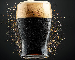 Dark beer pouring, bubbles floating. Glass full, black backdrop