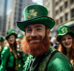 Man with Red Beard Celebrating St. Patrick's Day Parade in Green Costume