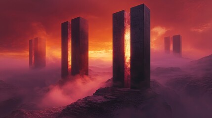 Minimalist mountain plateau with black doorframes at dusk