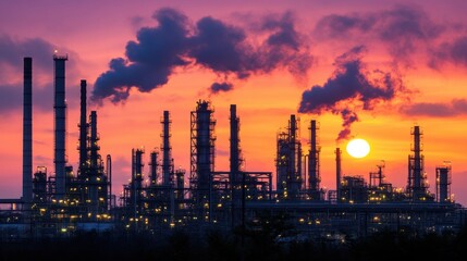 Fototapeta premium Arafed factory with smoke stacks silhouetted against a vibrant setting sun.