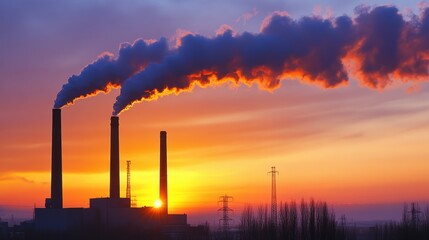 Smoke rises from a factory chimney against a vibrant sunset backdrop.