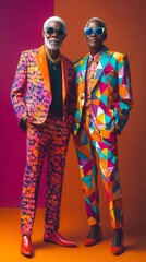 Two fashionable senior men wearing colorful patterned suits and sunglasses stand confidently against vibrant background