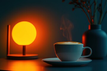 A cup of coffee rests on a saucer atop a table, inviting warmth and comfort.