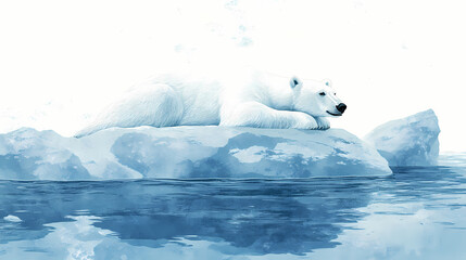 Naklejka premium A serene polar bear resting on an ice floe, surrounded by soft blue hues, depicting the beauty of arctic wildlife. Glacial - Iceberg. Illustration