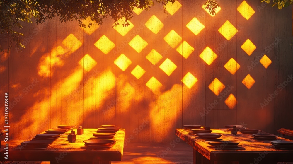 Poster shadows cast by a lattice wall create a patterned ambiance over tables in a restaurant setting.