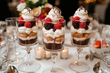 Elegant dessert display featuring layered parfaits with berries and whipped cream at a celebration