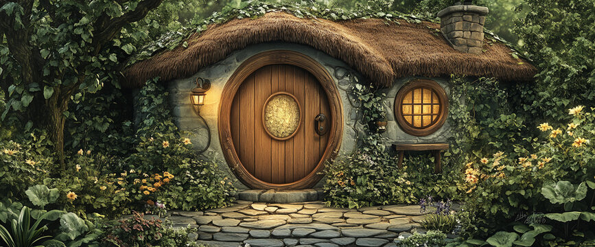 Enchanted fairytale house nestled in lush greenery, featuring a round wooden door and thatched roof, showcasing a magical and whimsical atmosphere, ideal for fantasy or storybook themes