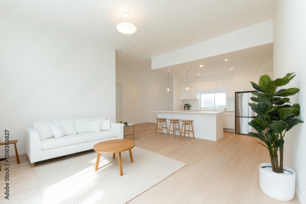 Poster a room features a white couch alongside a table, creating a simple and inviting atmosphere.