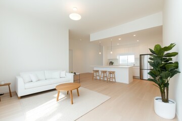 Fototapeta premium A room features a white couch alongside a table, creating a simple and inviting atmosphere.