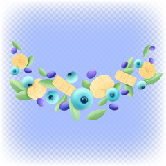 Fruit composition of banana pieces, blueberries, mint leaves and blue grapes. 3d vector isolated illustration.