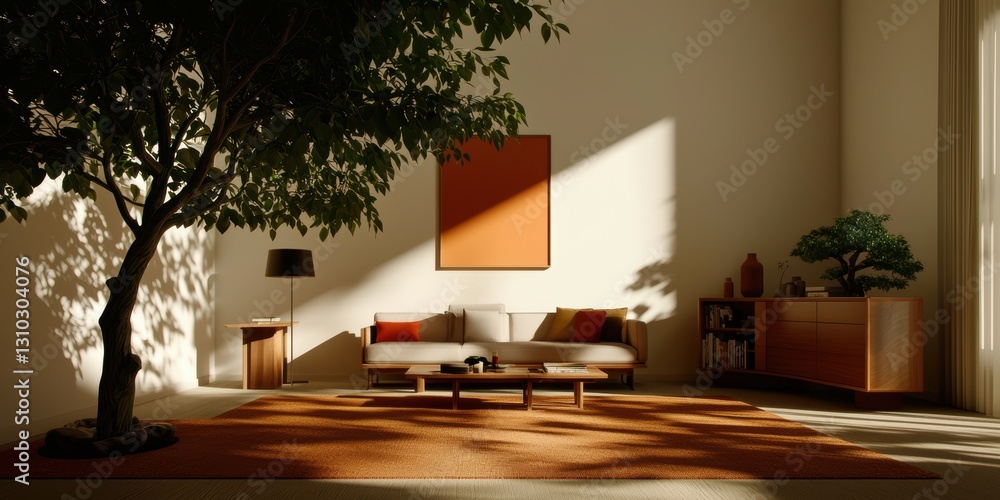 Poster a room features a tree surrounded by a couch and a table, creating a unique indoor oasis.