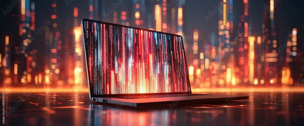Poster laptop displaying code in futuristic city.