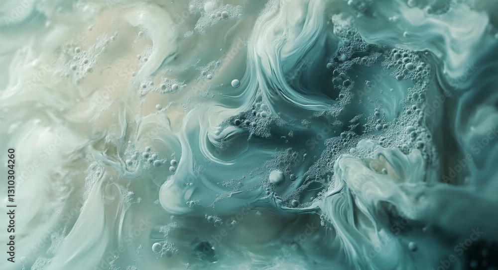 Poster turquoise and white paint mixing together with foam, creating an abstract pattern, perfect for backg