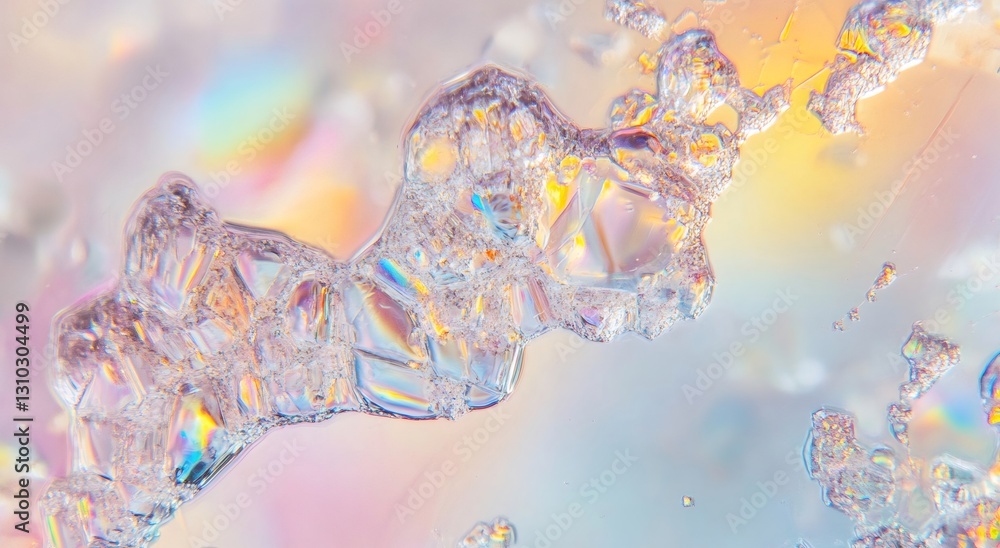 Poster iridescent soap bubbles clustering in microscopic detail, revealing delicate rainbow hued patterns a