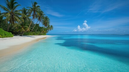 Naklejka premium Tropical paradise beach with crystal-clear turquoise waters and palm trees