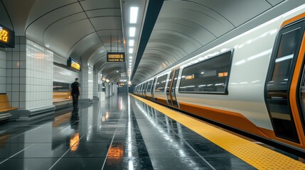 A man stands at a subway station, patiently waiting for the train to arrive.