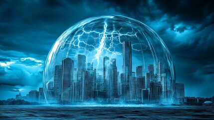 Cityscape shielded by energy dome during storm