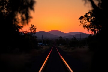 Aerial view of train track leading toward a distant mountain landscape.