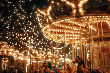 Fototapeta premium A brightly lit carousel shines beautifully at night, creating a magical atmosphere.