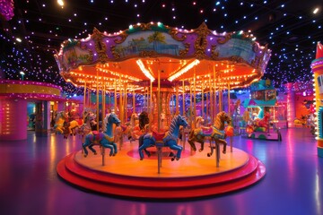 Colorful carousel ride illuminated in a vibrant indoor amusement park setting.