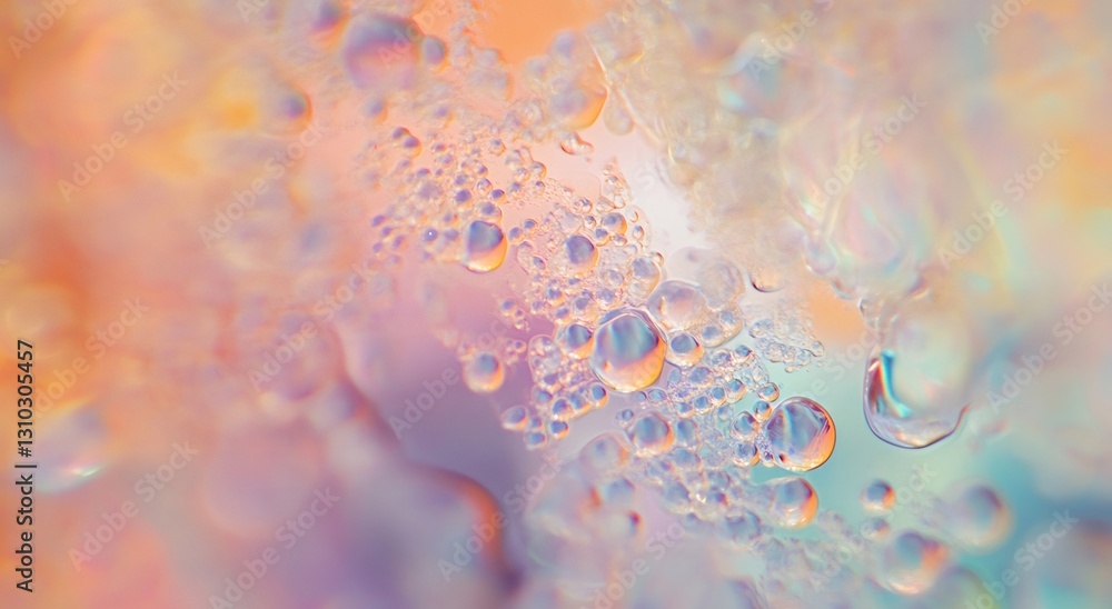 Poster vibrant soap bubbles creating pastel colored abstract macro pattern with delicate, iridescent surfac