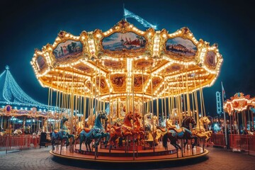 Obraz premium Colorful carousel with illuminated horses spinning at night.